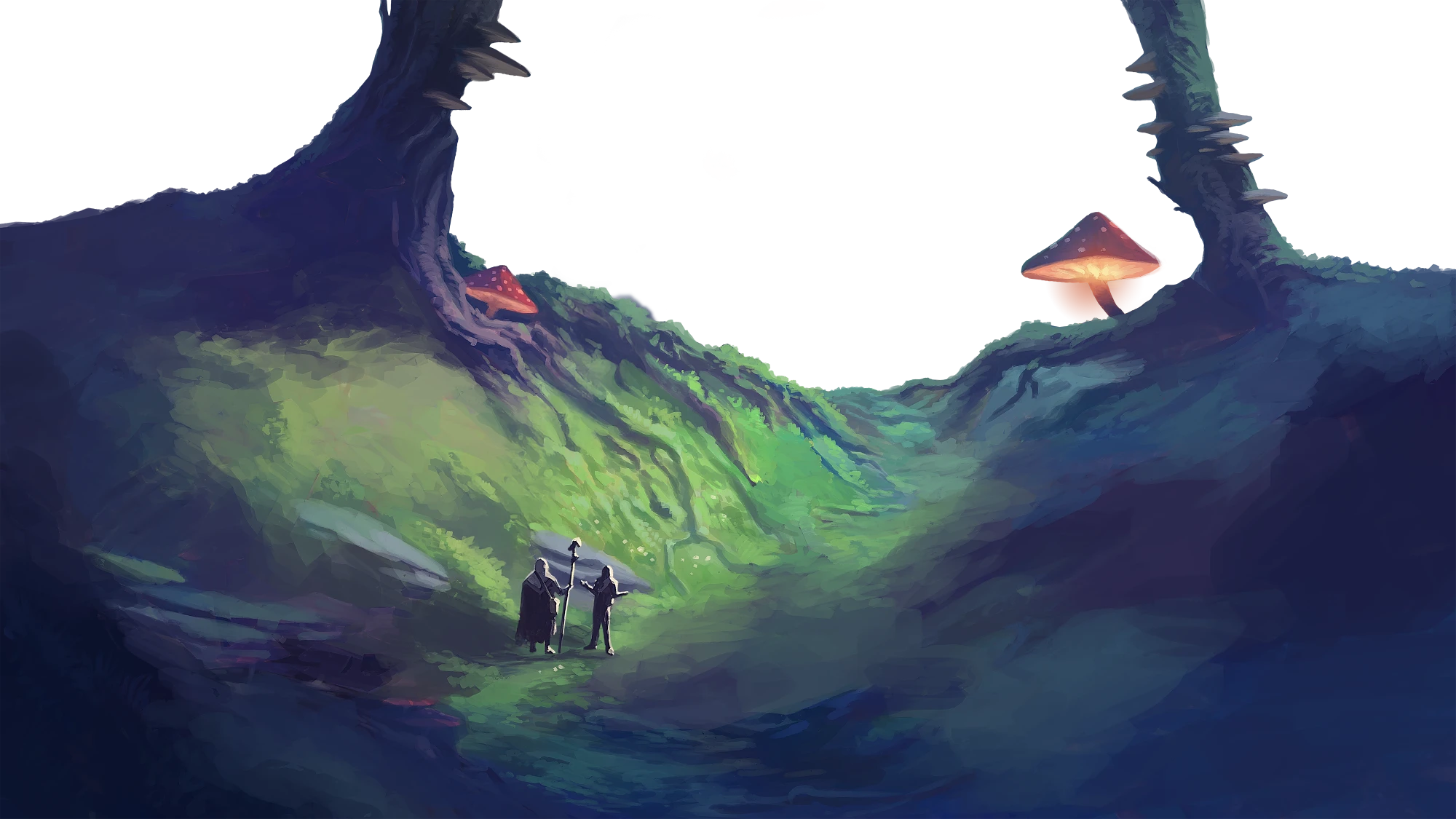 Two adventurers walk along a path in a lush green forest. Enormous glowing red toadstools with white spots are growing all around them. The trees are so tall that only their trunks are visible. 